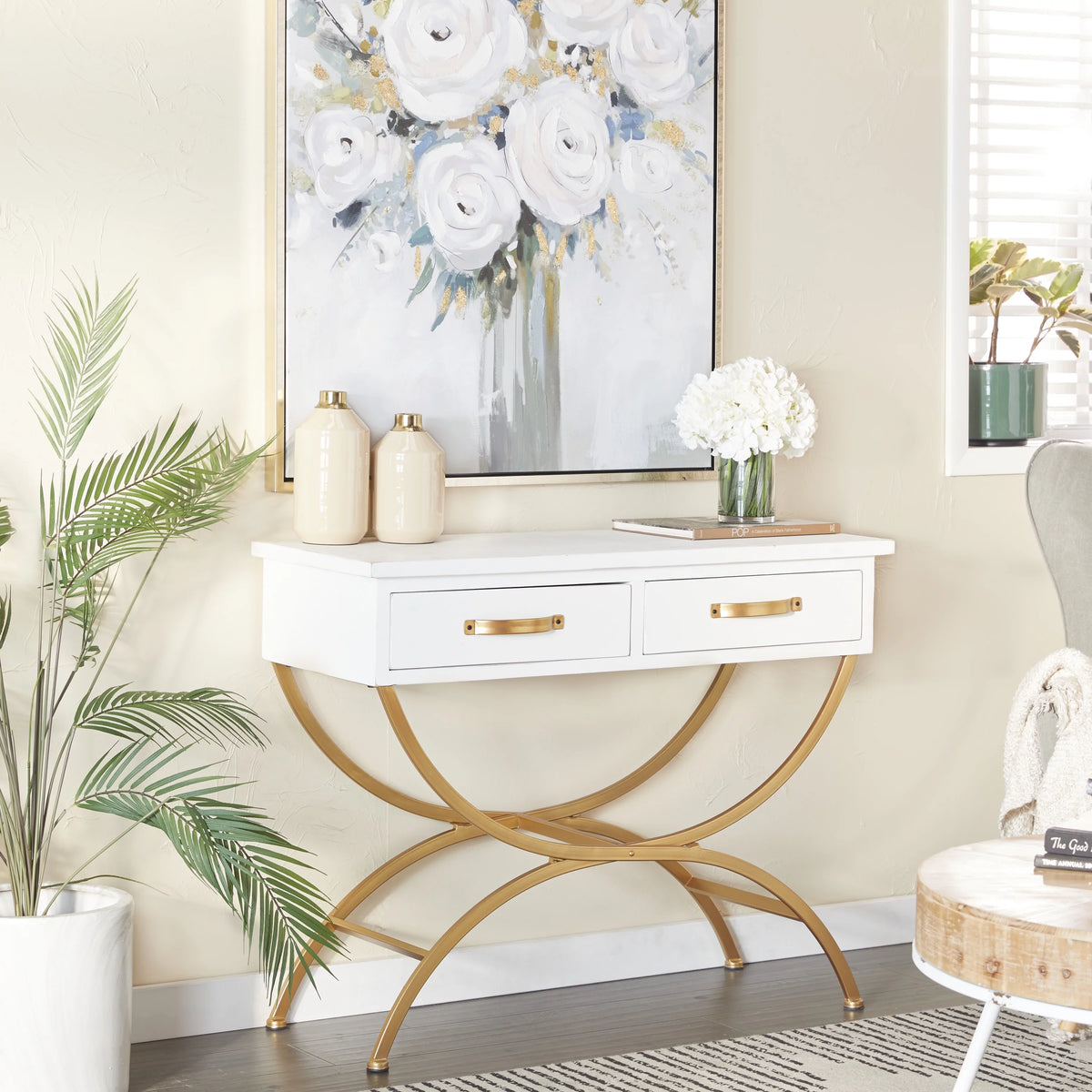 White Wood 2 Drawers Console Table with Arched Base S13917