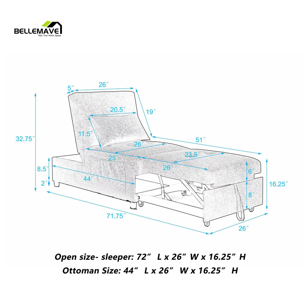 4 in 1 Folding Sofa Bed with 1 Pillow and Side Pocket A4031