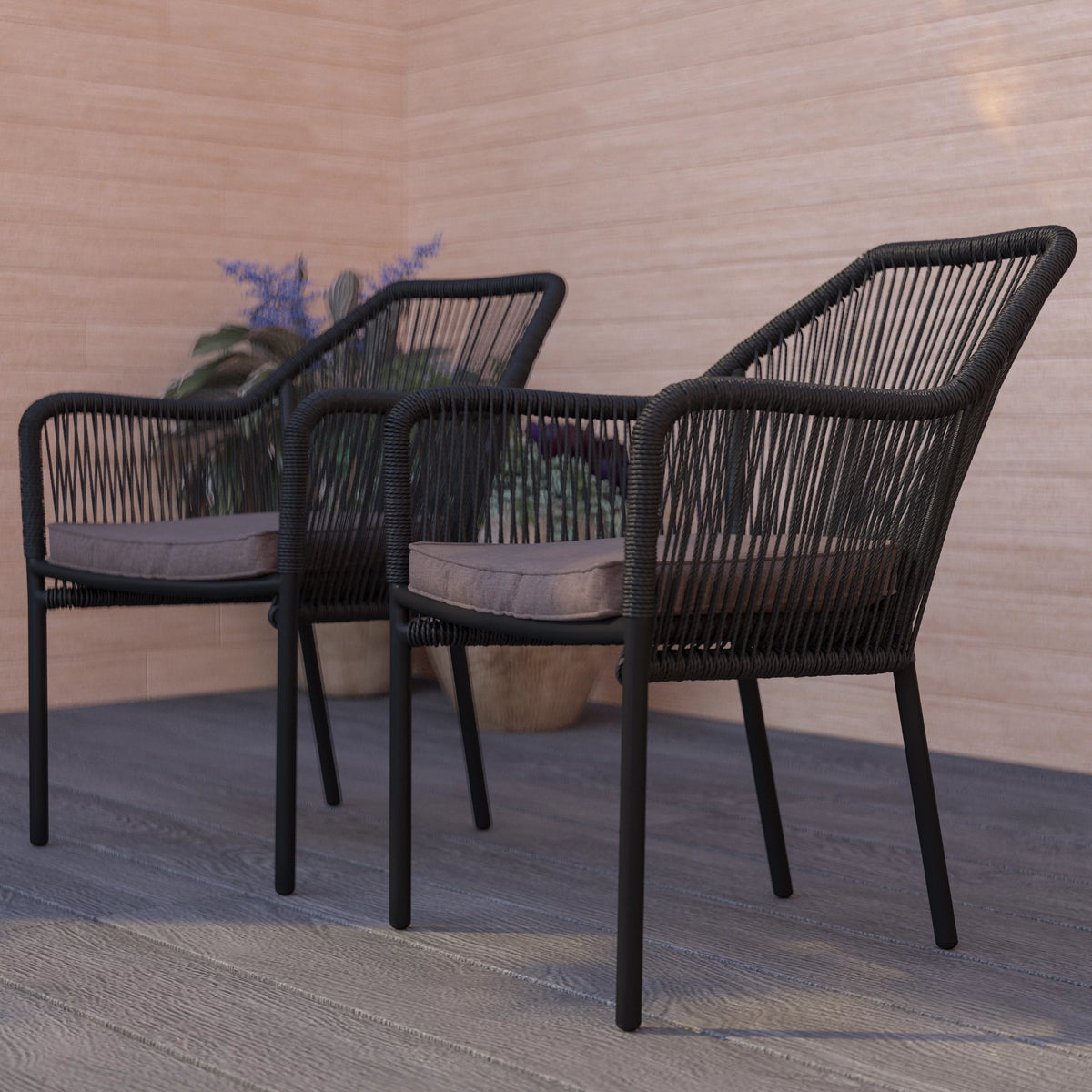 2 Piece Black All-Weather Woven Patio Chairs with Gray Cushions D271690