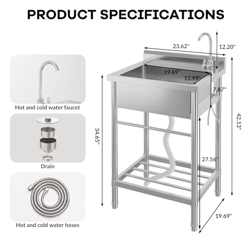 Stainless Steel Free-Standing Utility Sink, Single Bowl, 24x20x41 in R236923