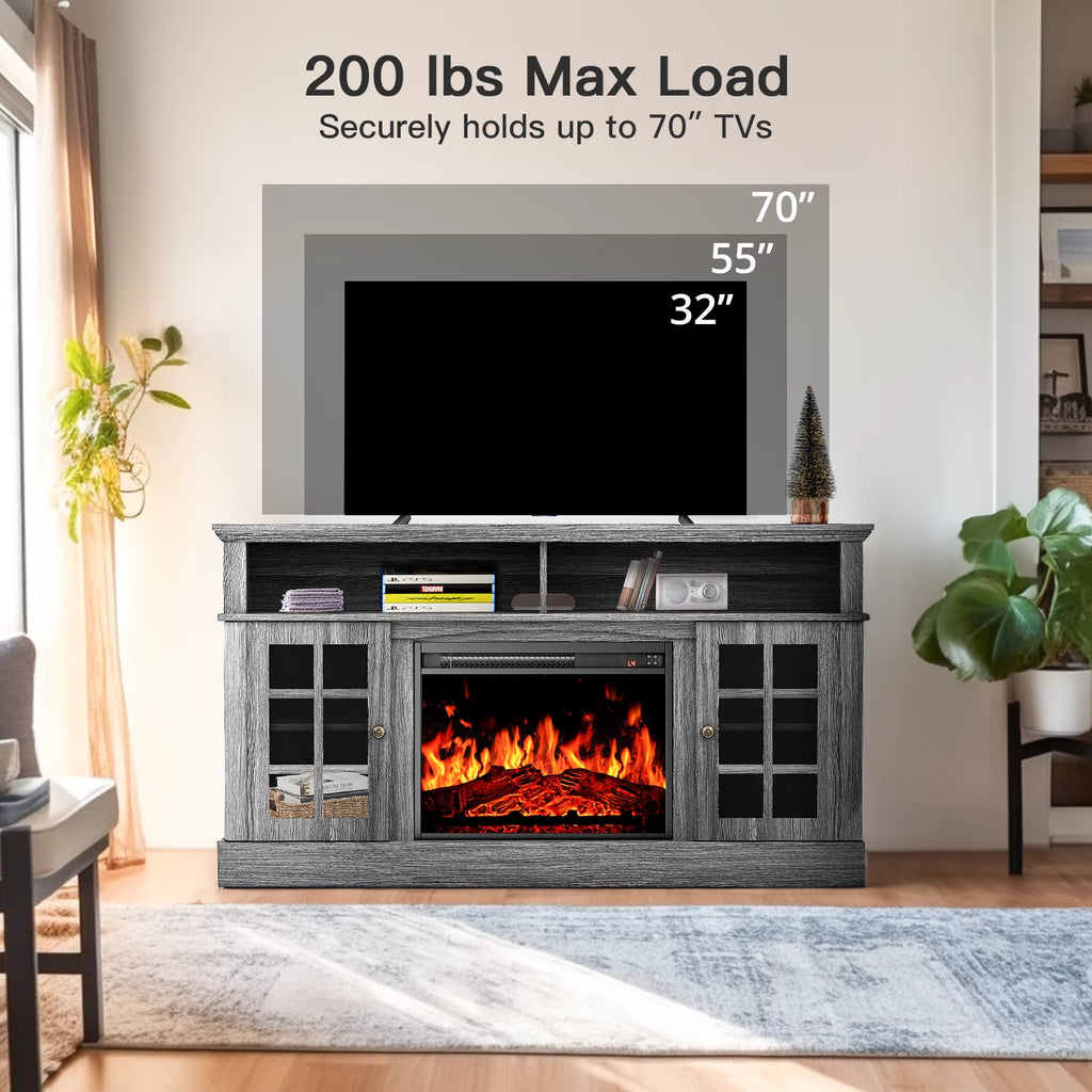 1400W Electric Fireplace TV Stand with Adjustable Shelves, Grey P342