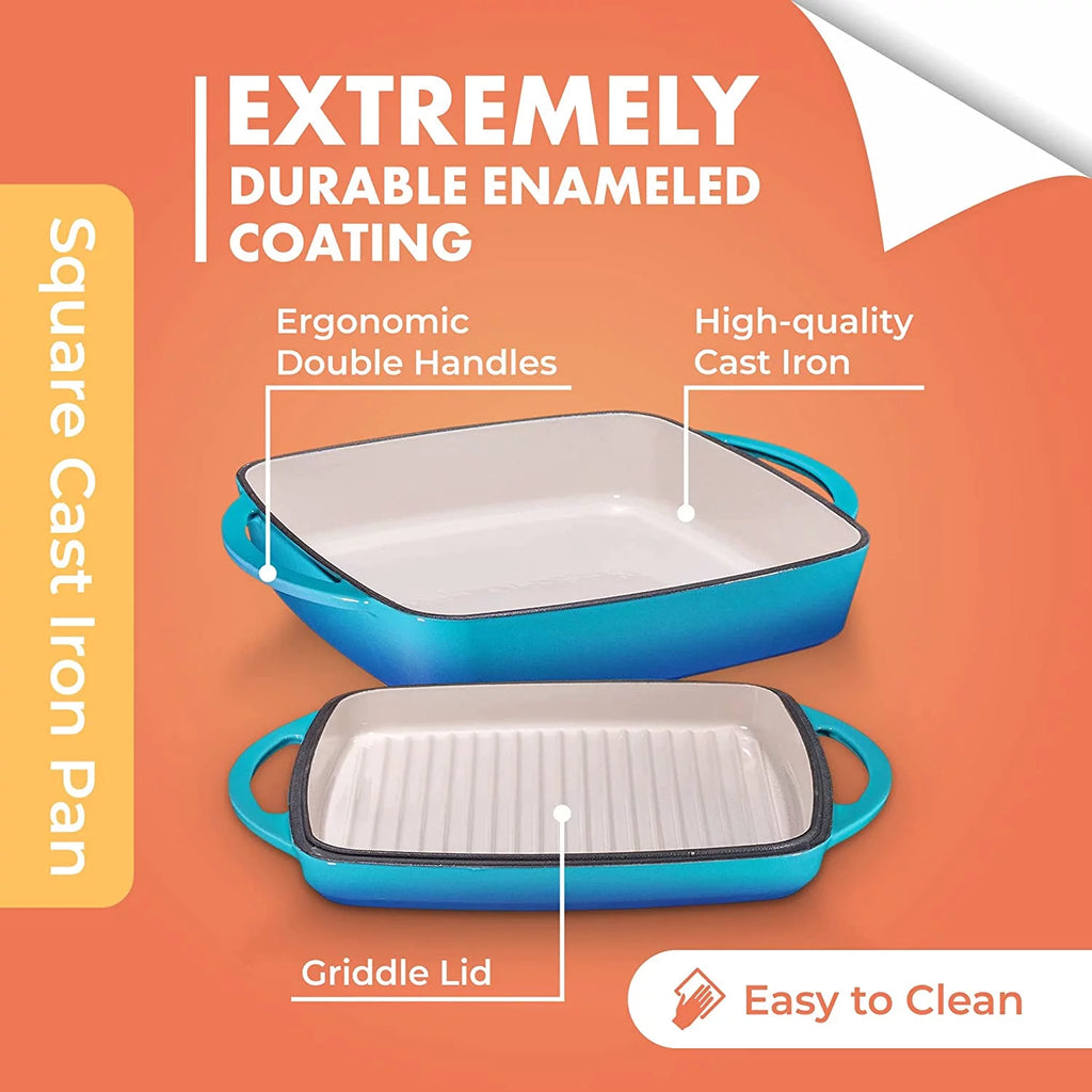 2 in 1 Enameled Square Cast Iron Baking Pan With Grill U425