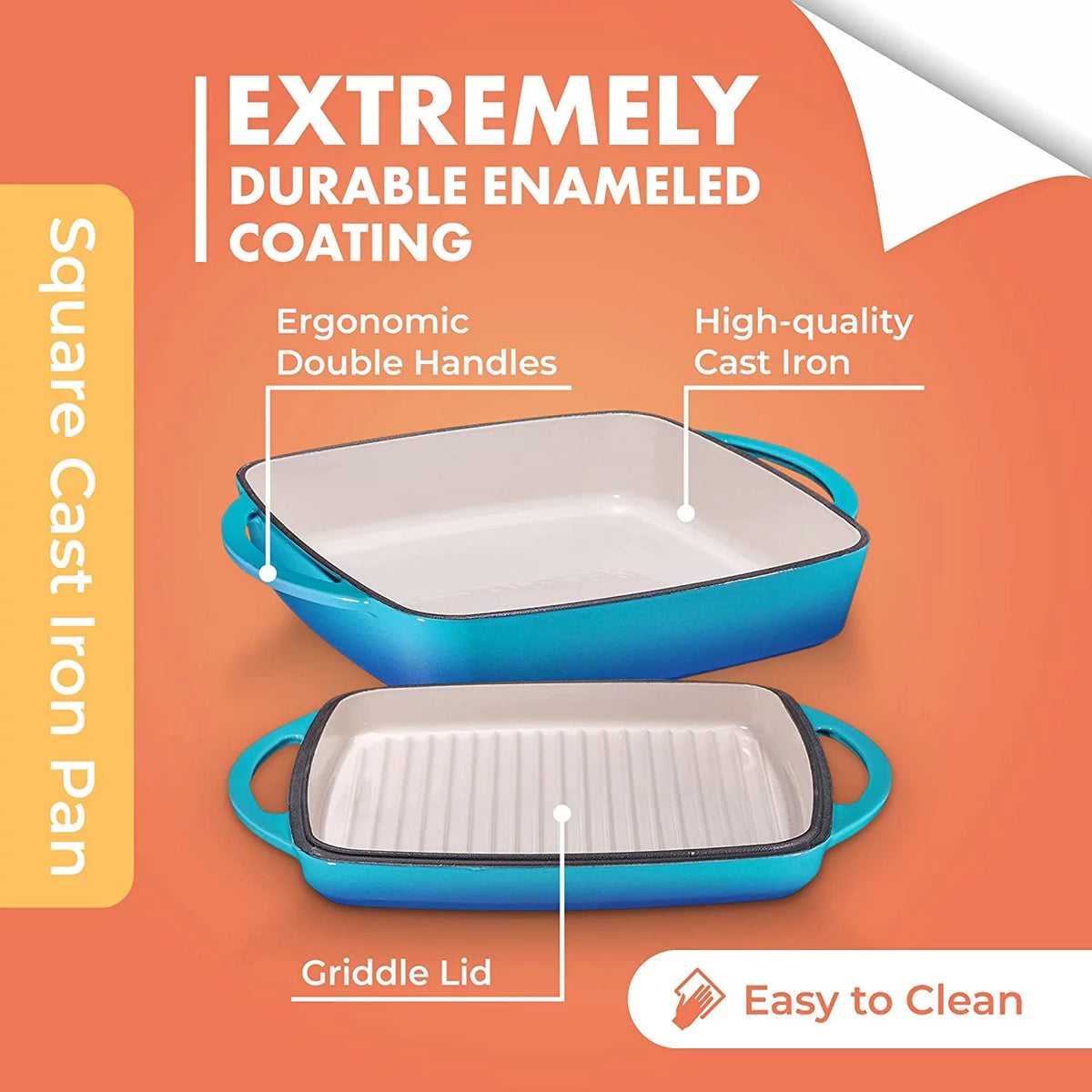 2 in 1 Enameled Square Cast Iron Baking Pan With Grill U425