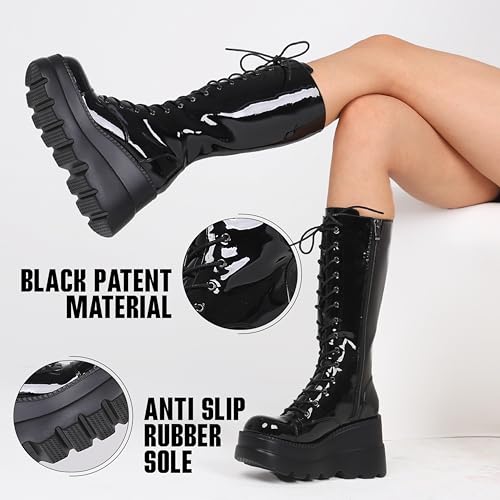 Womens High Platform Mid Calf Wedges Chunky High Heel Round-Toe Side Zip Combat Boots L243090