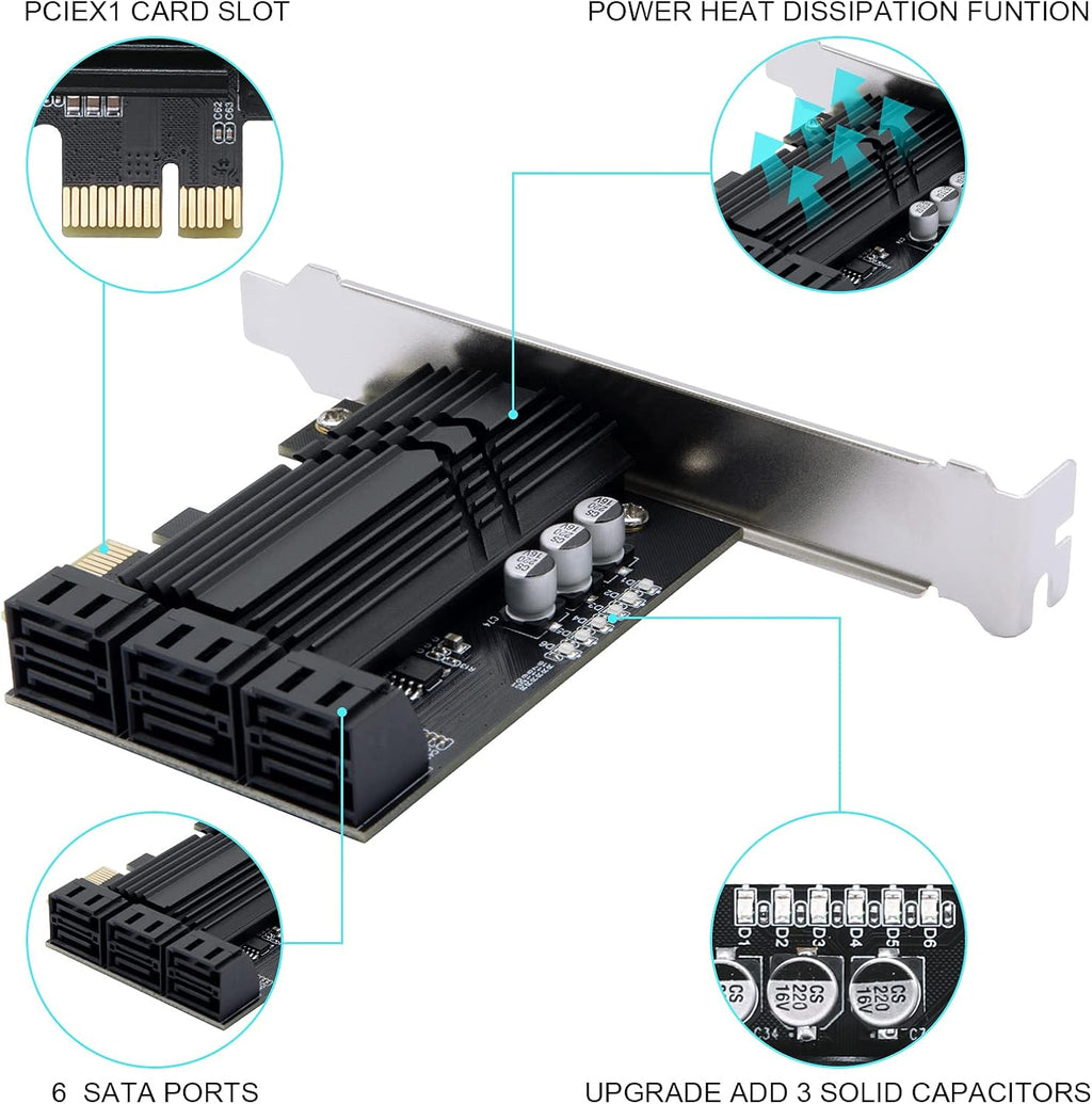 PCIe x1 6 Port SATA 3.0 Expansion Card with 6 SATA Cables I639