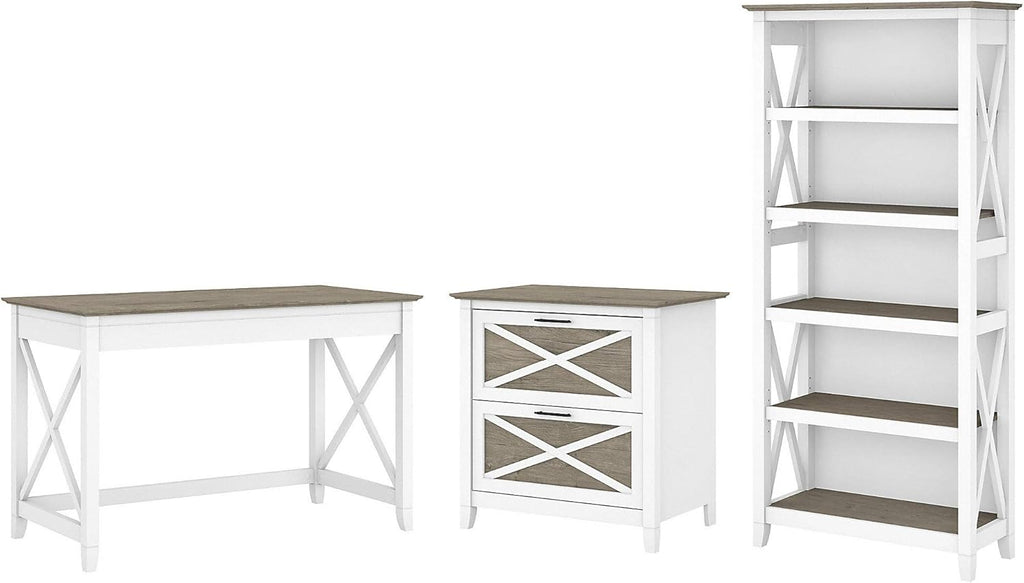 Dark Gray Hickory Writing Desk with 2 Drawer Lateral File Cabinet and 5 Shelf Bookcase V111957