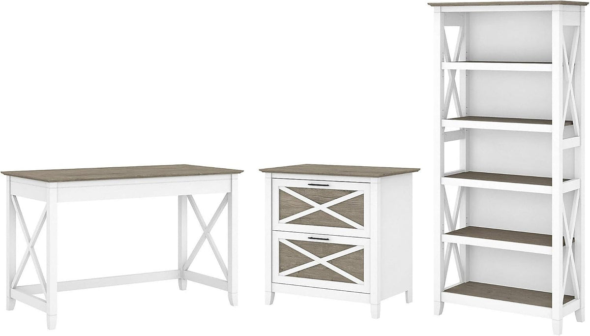 Dark Gray Hickory Writing Desk with 2 Drawer Lateral File Cabinet and 5 Shelf Bookcase V111957