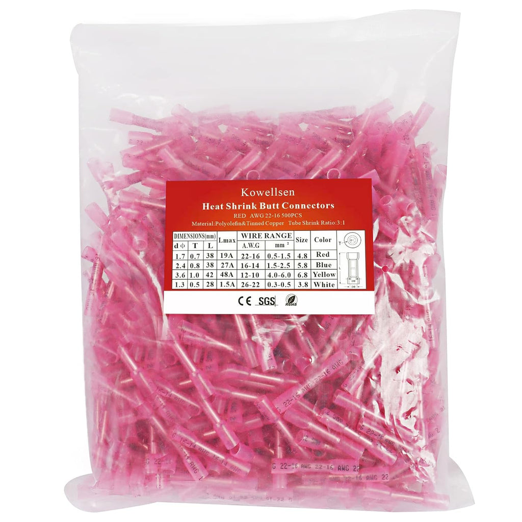 500PCS Butt Connectors Heat Shrink, 22-16 AWG Waterproof Tinned Copper Insulated Crimp Terminals B619