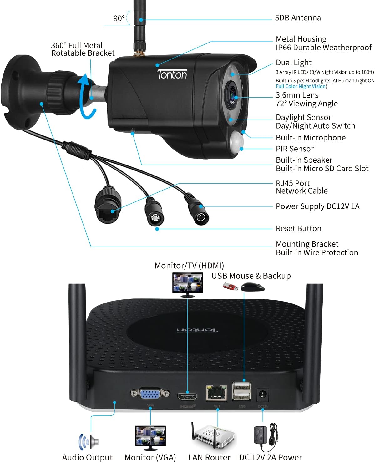 8CH 5MP NVR Security Camera System with 2TB HDD and 8PCS 3MP Outdoor Bullet Cameras O37267