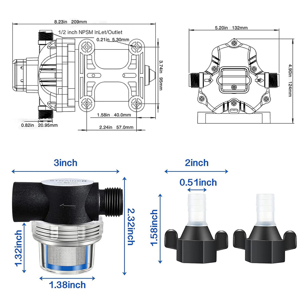12V Diaphragm Water Pump with Pressure Switch 3.5 GPM 45 PSI N868
