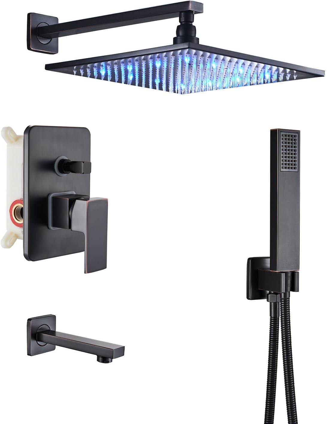 Black 3-way Mixer LED Color 12" Top Rain Shower Tub Spout Tap with Handheld Spray C721
