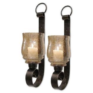 Amber Glass Pillar Wall Candle Sconce Set 2 C155048