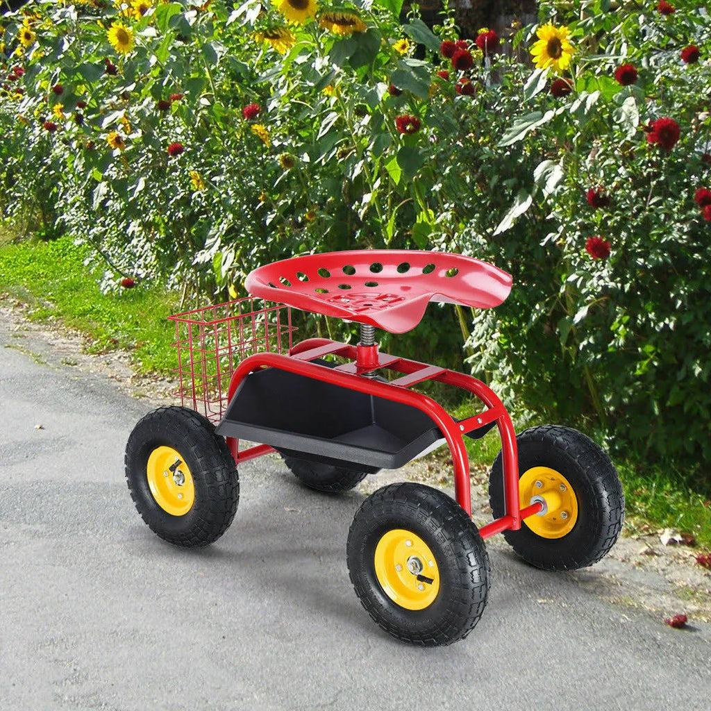 Red Rolling Gardening Cart with Work Seat V6200