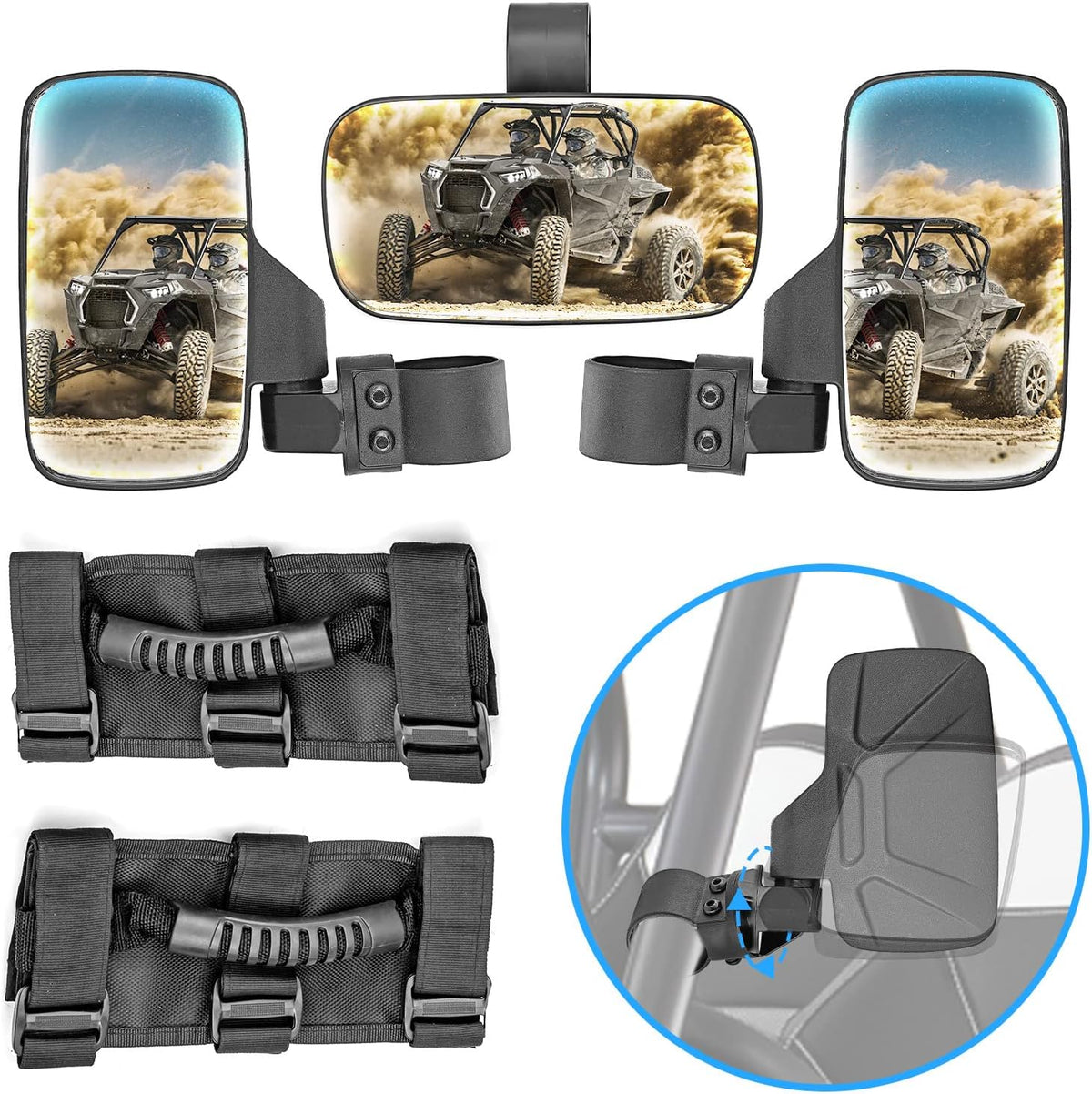 UTV Centre View & Side View Mirror for 1.5''-2'' Roll Cage Bar w/ Pair Grab Handle Set P5320