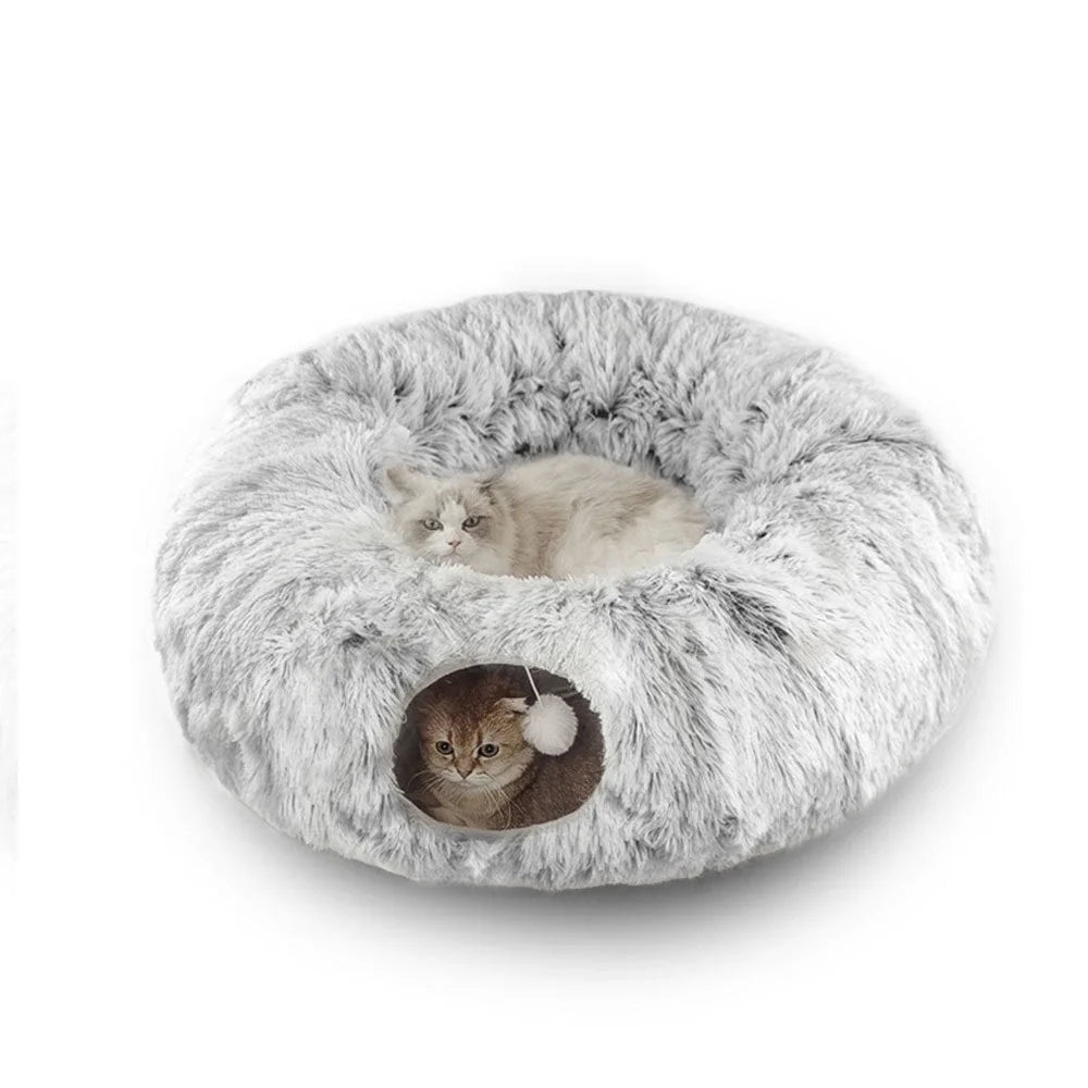 Grey Plush Cat Tunnel with Cat Bed D68069