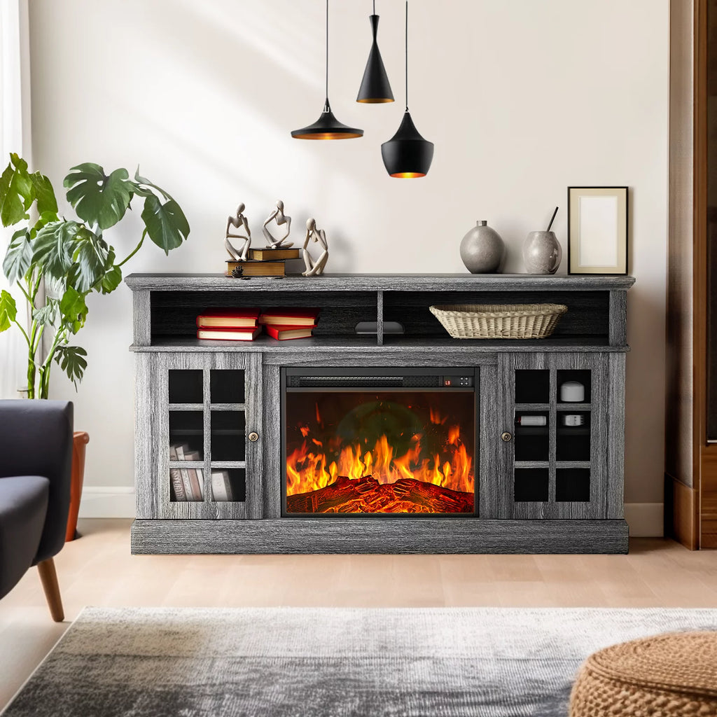 1400W Electric Fireplace TV Stand with Adjustable Shelves, Grey P342