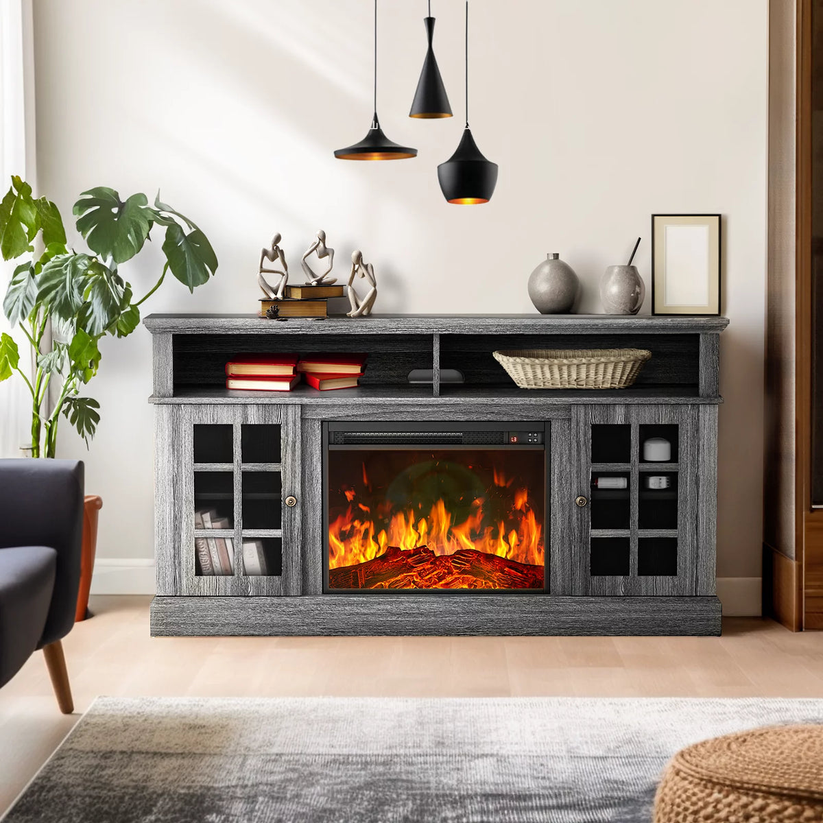 1400W Electric Fireplace TV Stand with Adjustable Shelves, Grey P342