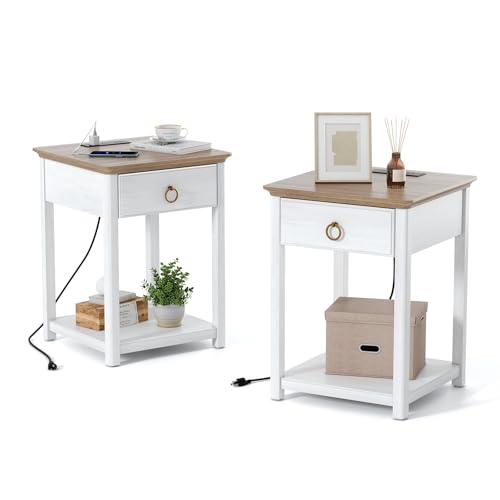White Solid Wood Square End Table with Drawer V562