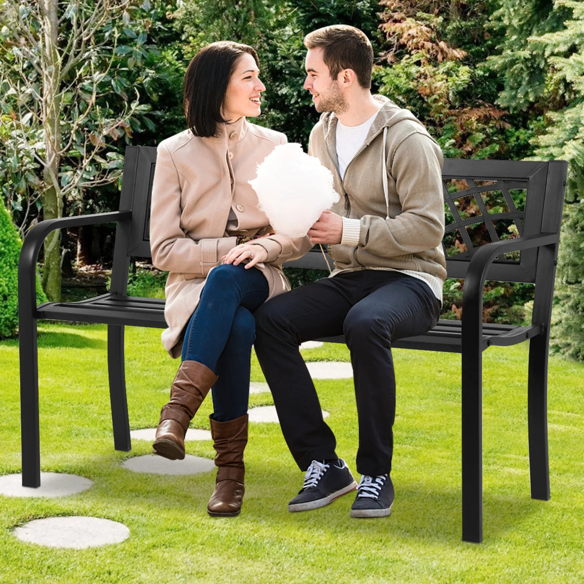 Weatherproof Heavy-Duty Metal Bench with Armrests & Backrest 400lbs Weight Capacity Black C338
