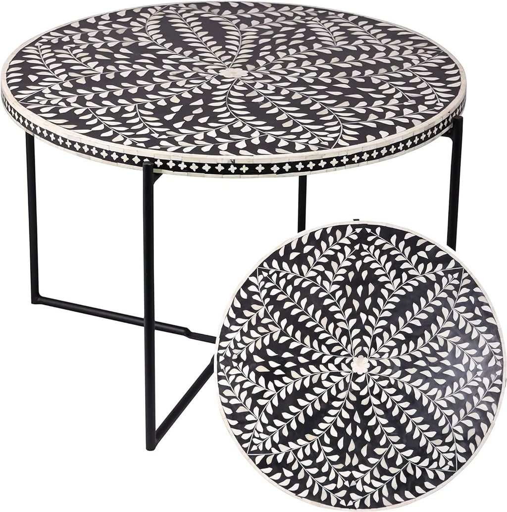 Round Coffee Table 30”W X 19”H Wooden Floral Top Metal Legs Black P2876