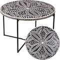 Round Coffee Table 30”W X 19”H Wooden Floral Top Metal Legs Black P2876