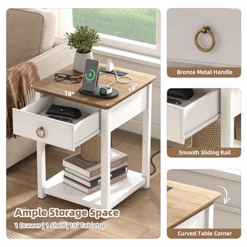 White Solid Wood Square End Table with Drawer V562
