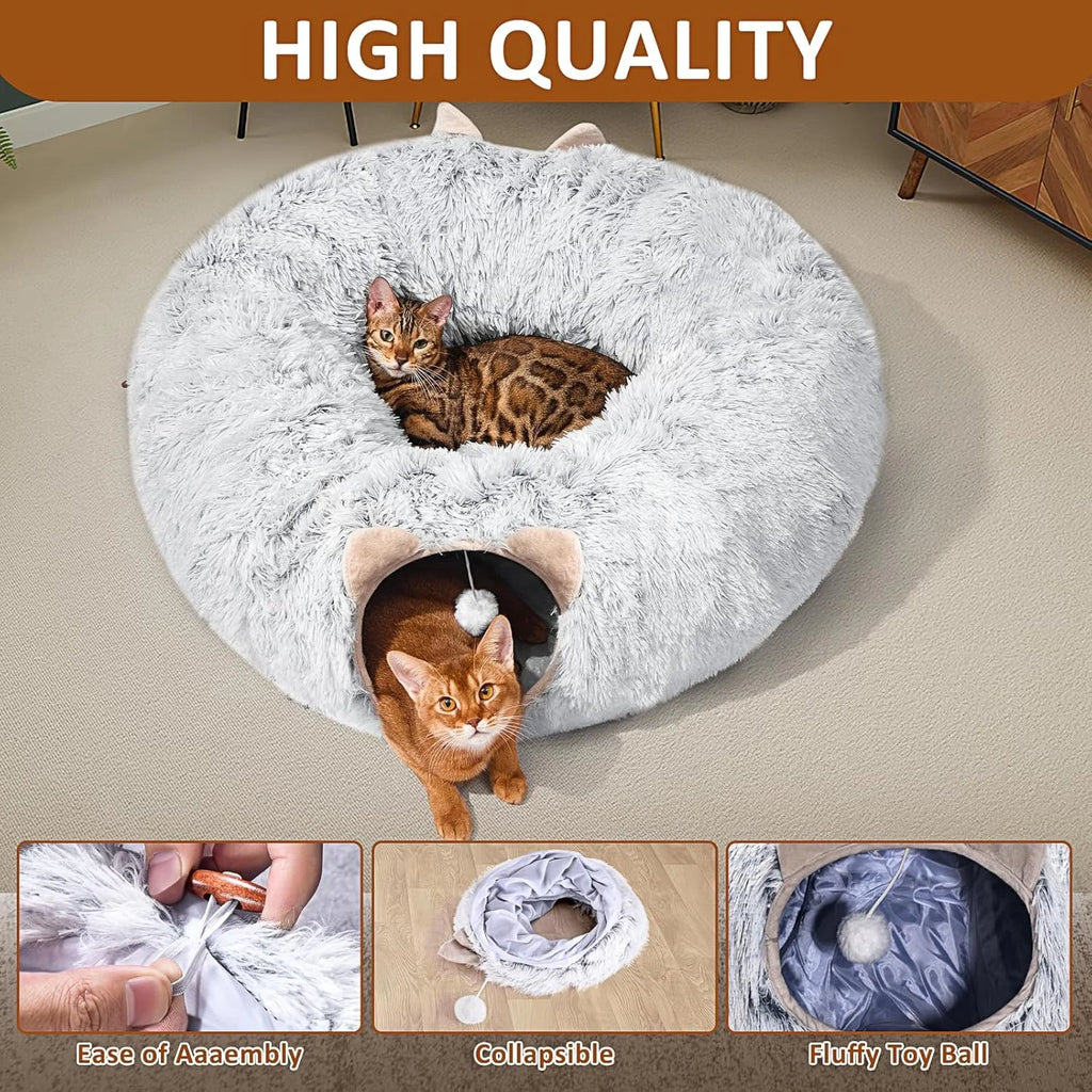 Grey Plush Cat Tunnel with Cat Bed D68069