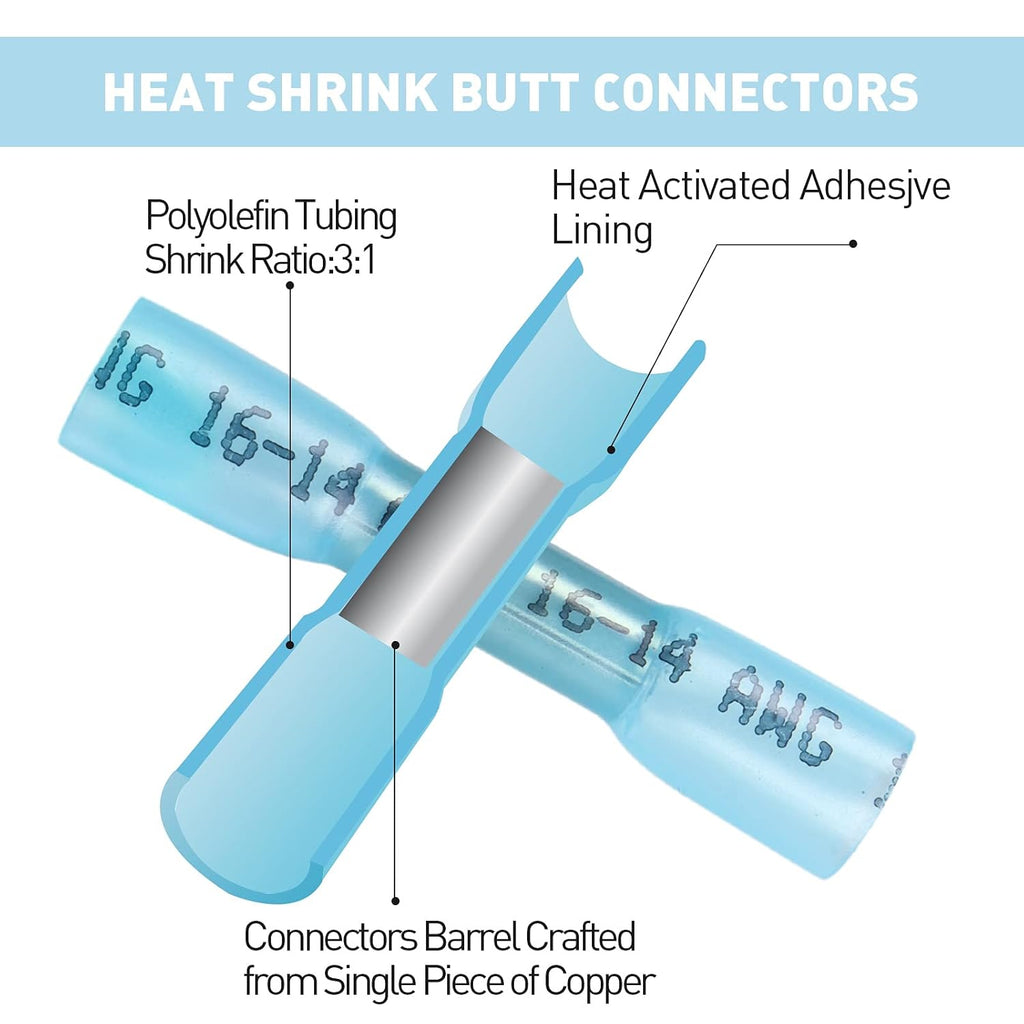 500PCS Butt Connectors Heat Shrink, 22-16 AWG Waterproof Tinned Copper Insulated Crimp Terminals B619