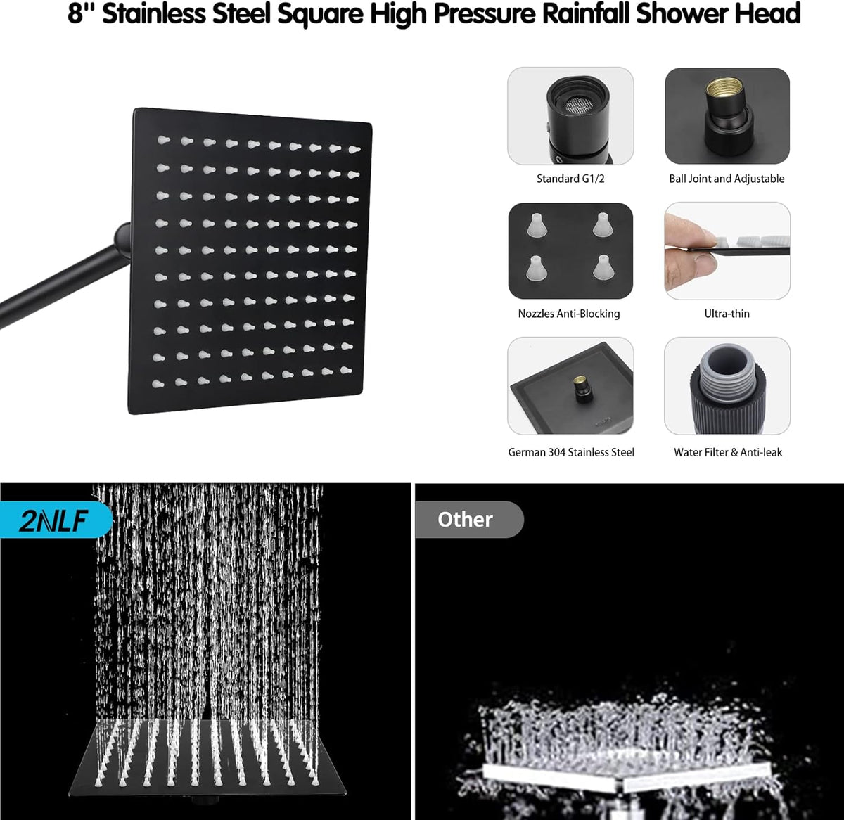 8'' Rainfall Shower Head & 9 Settings Handheld Shower Head with Holder, Hose, Chrome - Matte Black Pack of 2 U29015