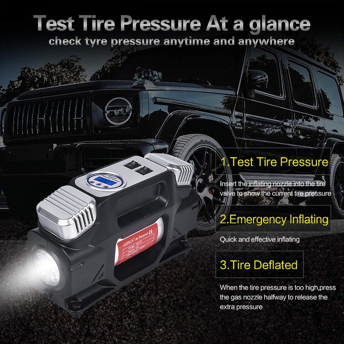 Portable Digital Tire Inflator, Dual Cylinders 12V Air Compressor Pump 150PSI with LED Light and Tire Repair Kit N967
