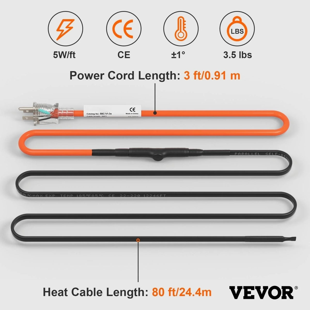Self-Regulating Pipe Heating Cable, 80-feet 5W/ft Heat Tape, 120V Q594