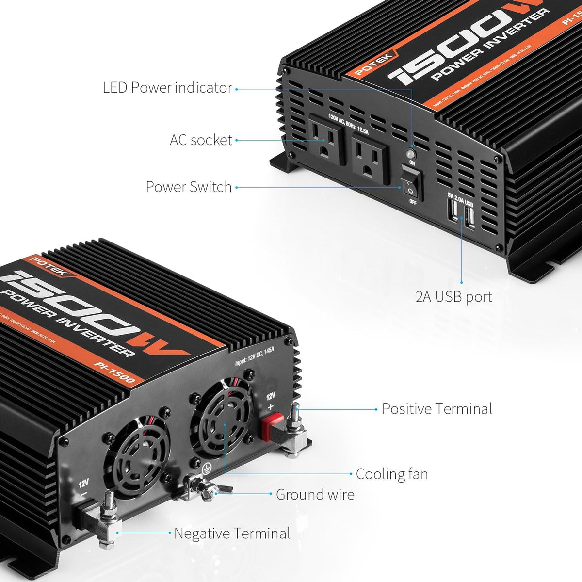 1500W Power Inverter Dual AC Outlets 12V DC to 110 V AC Car Inverter F582