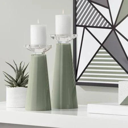 Green Glass Pillar Candle Holder Set of 2 T859