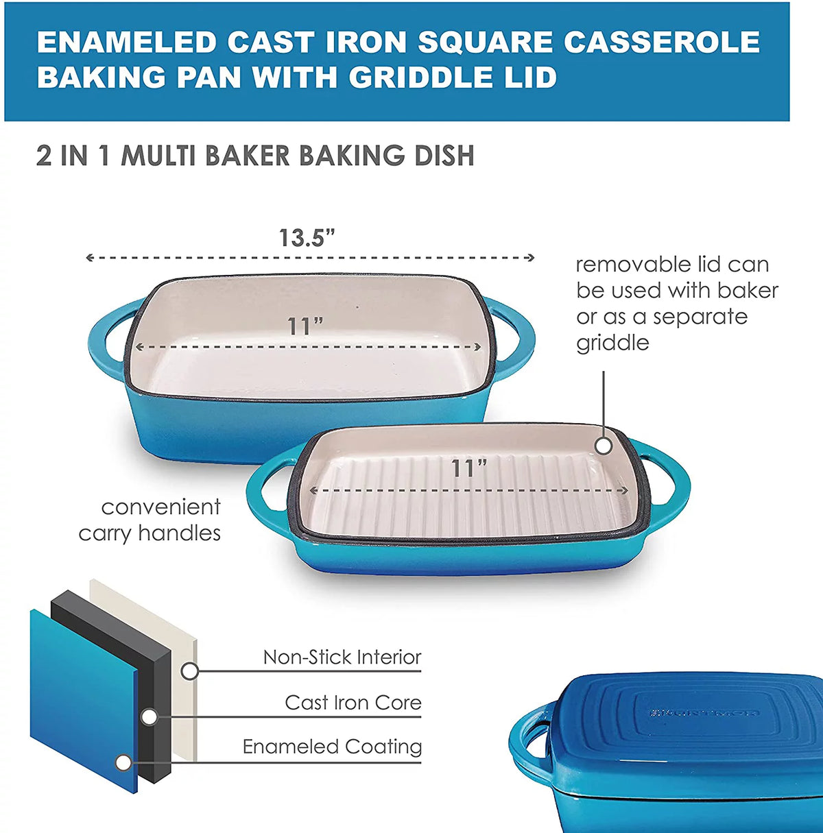 2 in 1 Enameled Square Cast Iron Baking Pan With Grill U425