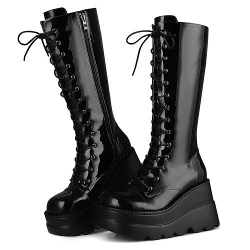 Womens High Platform Mid Calf Wedges Chunky High Heel Round-Toe Side Zip Combat Boots L243090