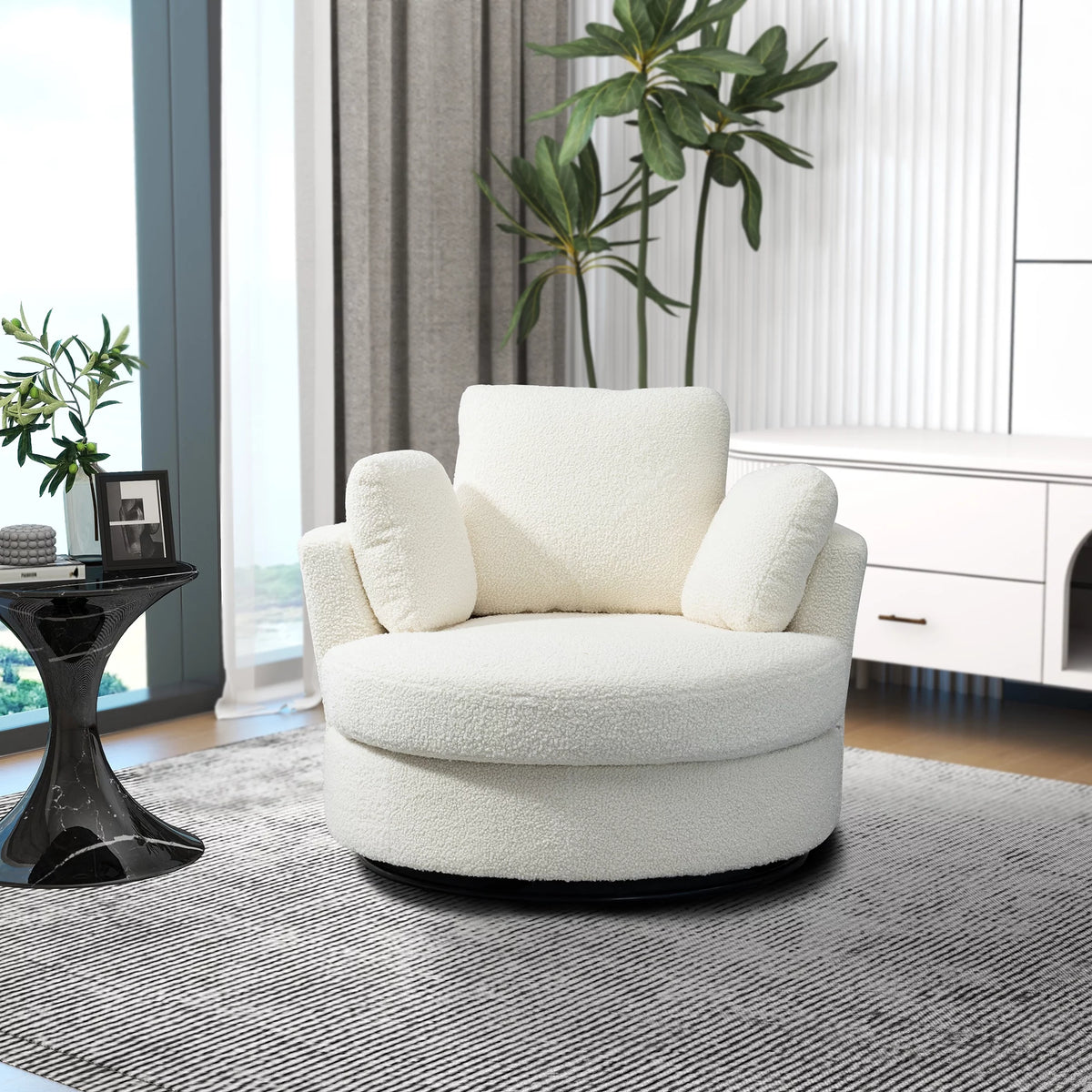 Ivory Boucle Oversized Swivel Accent Barrel Chair R126269