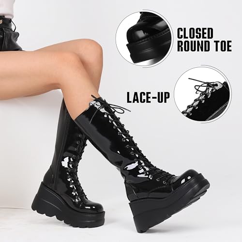 Womens High Platform Mid Calf Wedges Chunky High Heel Round-Toe Side Zip Combat Boots L243090