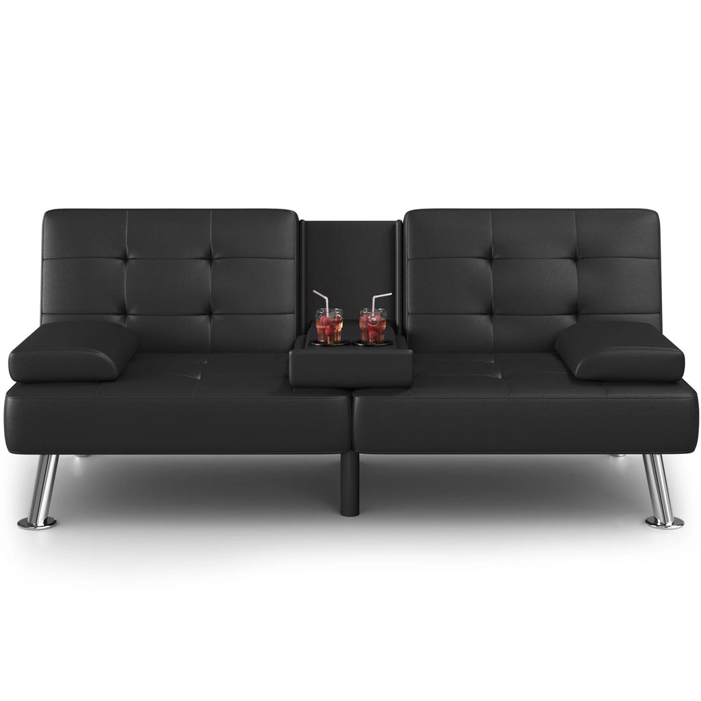 Faux Leather Convertible Futon Sofa Bed with 2 Cup Holders H60628
