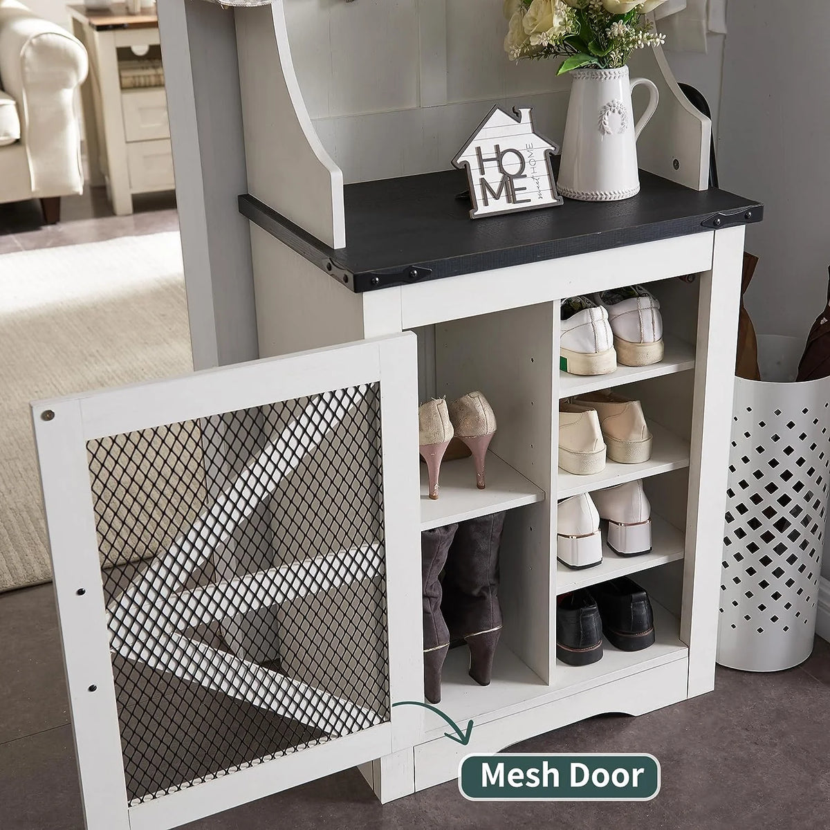 White Hall Tree with Coat Rack and Shoe Storage Bench I628