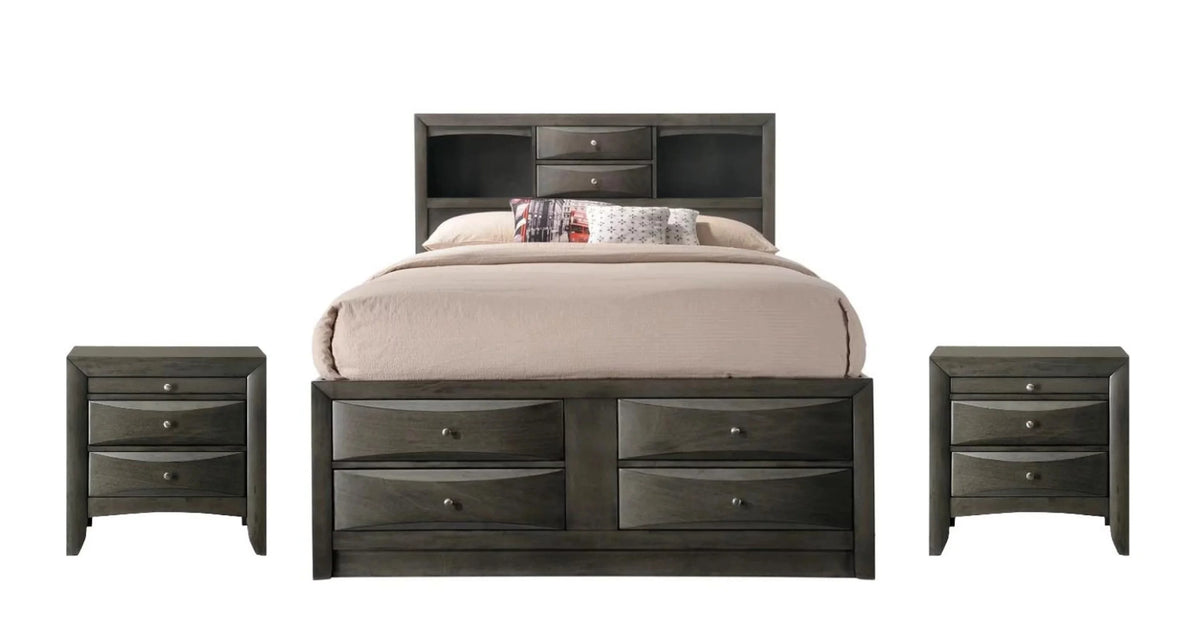 Gray 3pc Queen Size Captains Bed Set with Storage Drawers Solid Wood K13282