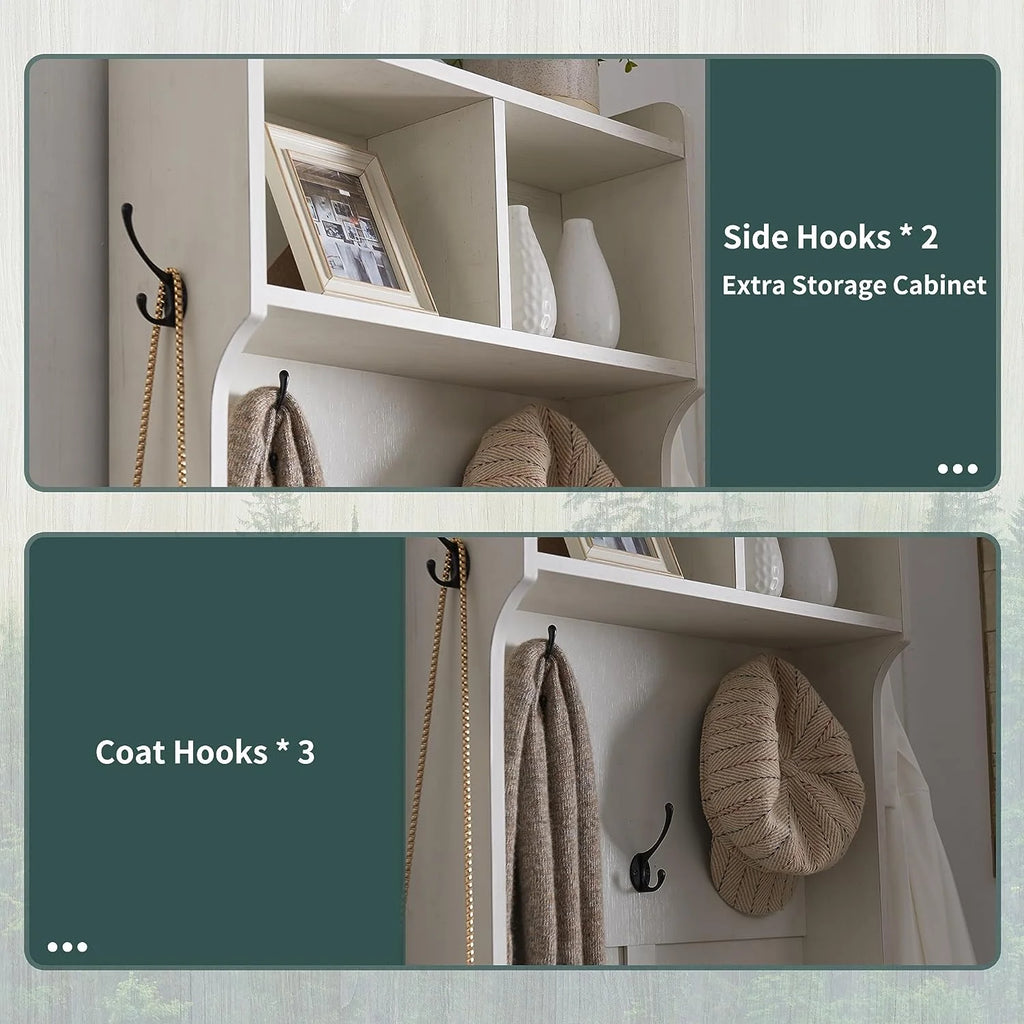 White Hall Tree with Coat Rack and Shoe Storage Bench I628
