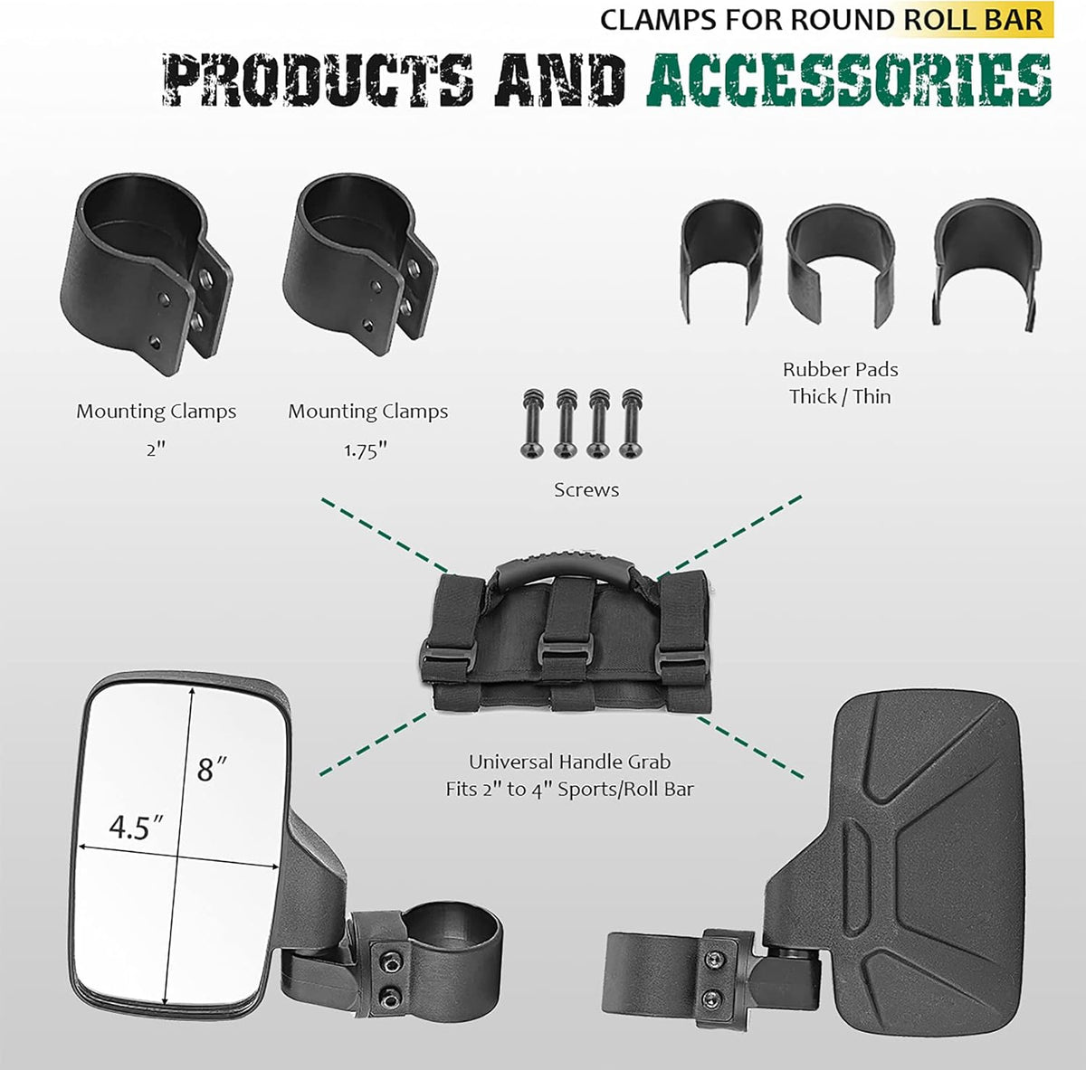 UTV Centre View & Side View Mirror for 1.5''-2'' Roll Cage Bar w/ Pair Grab Handle Set P5320