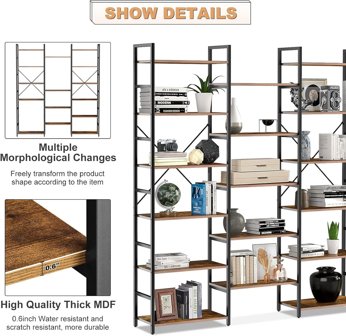 Rustic Brown 6-Shelf Bookcase R4427