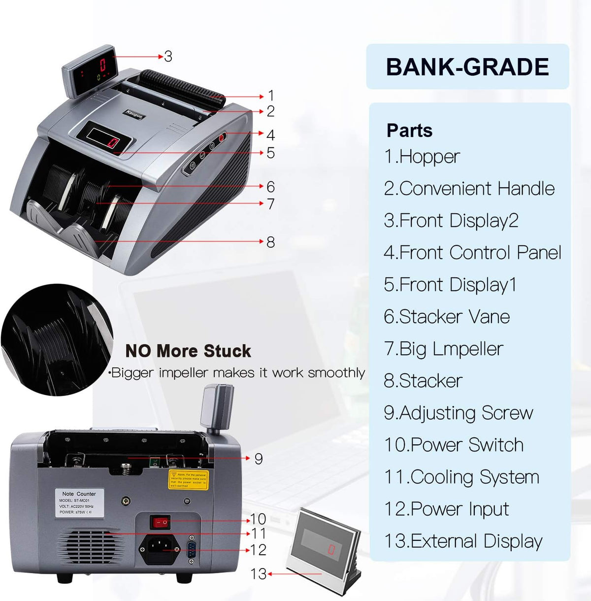 Money Counter Machine with UV/MG/IR/MT, 9 Modes, 1,200 Notes Per Minute I16871