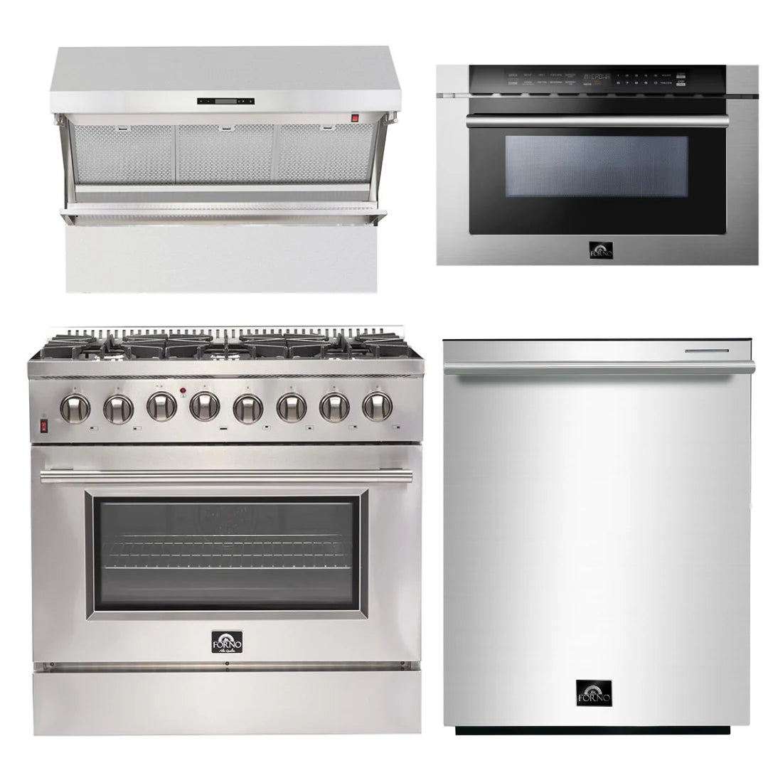 36 Inch Dual Fuel Range, Wall Mount Range Hood, Microwave Drawer, Dishwasher F131