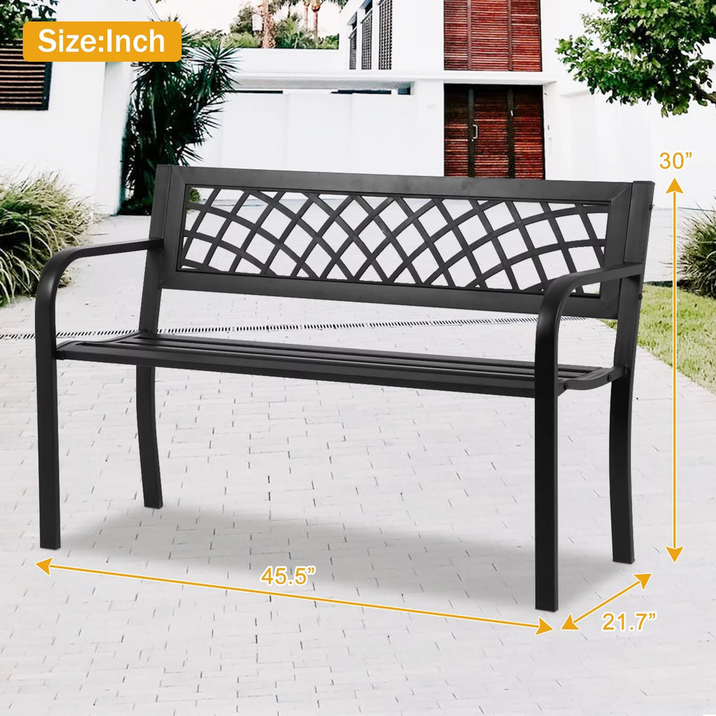 Weatherproof Heavy-Duty Metal Bench with Armrests & Backrest 400lbs Weight Capacity Black C338
