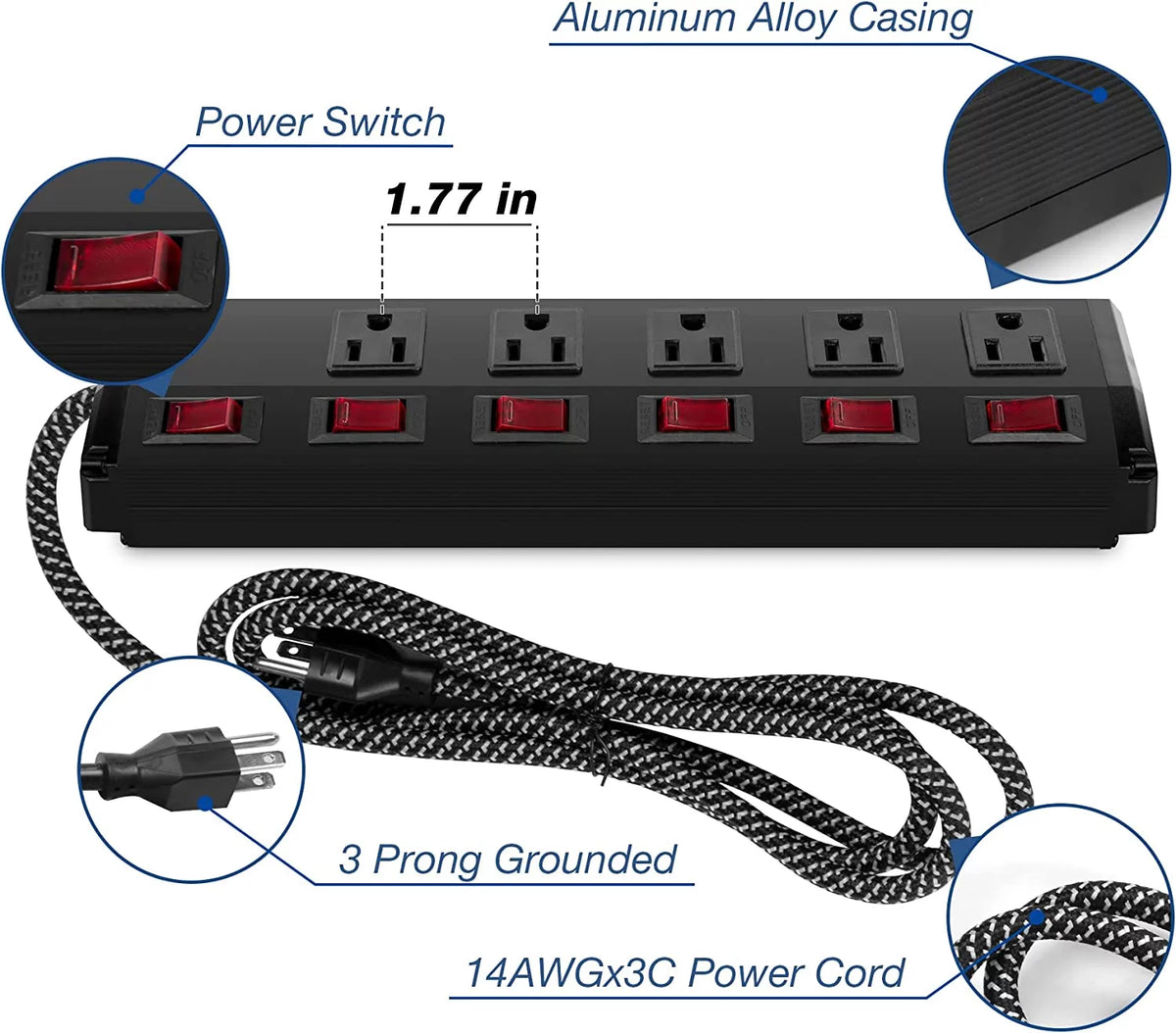 2 Pack 6 Ft 5 Outlets 15A Metal Power Strip R4131