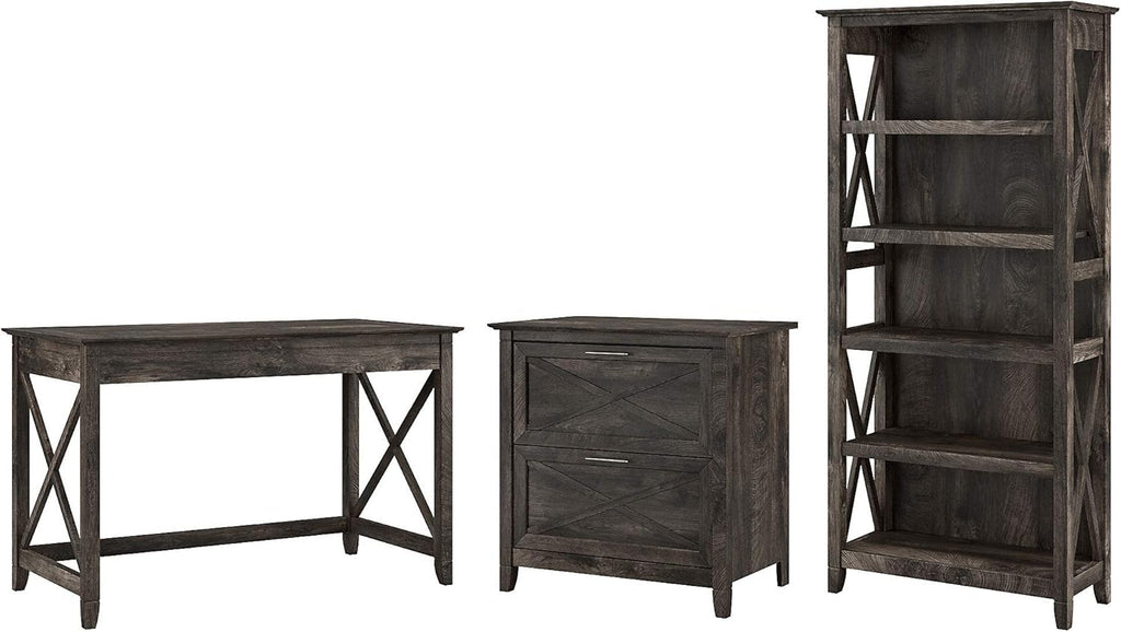 Dark Gray Hickory Writing Desk with 2 Drawer Lateral File Cabinet and 5 Shelf Bookcase V111957