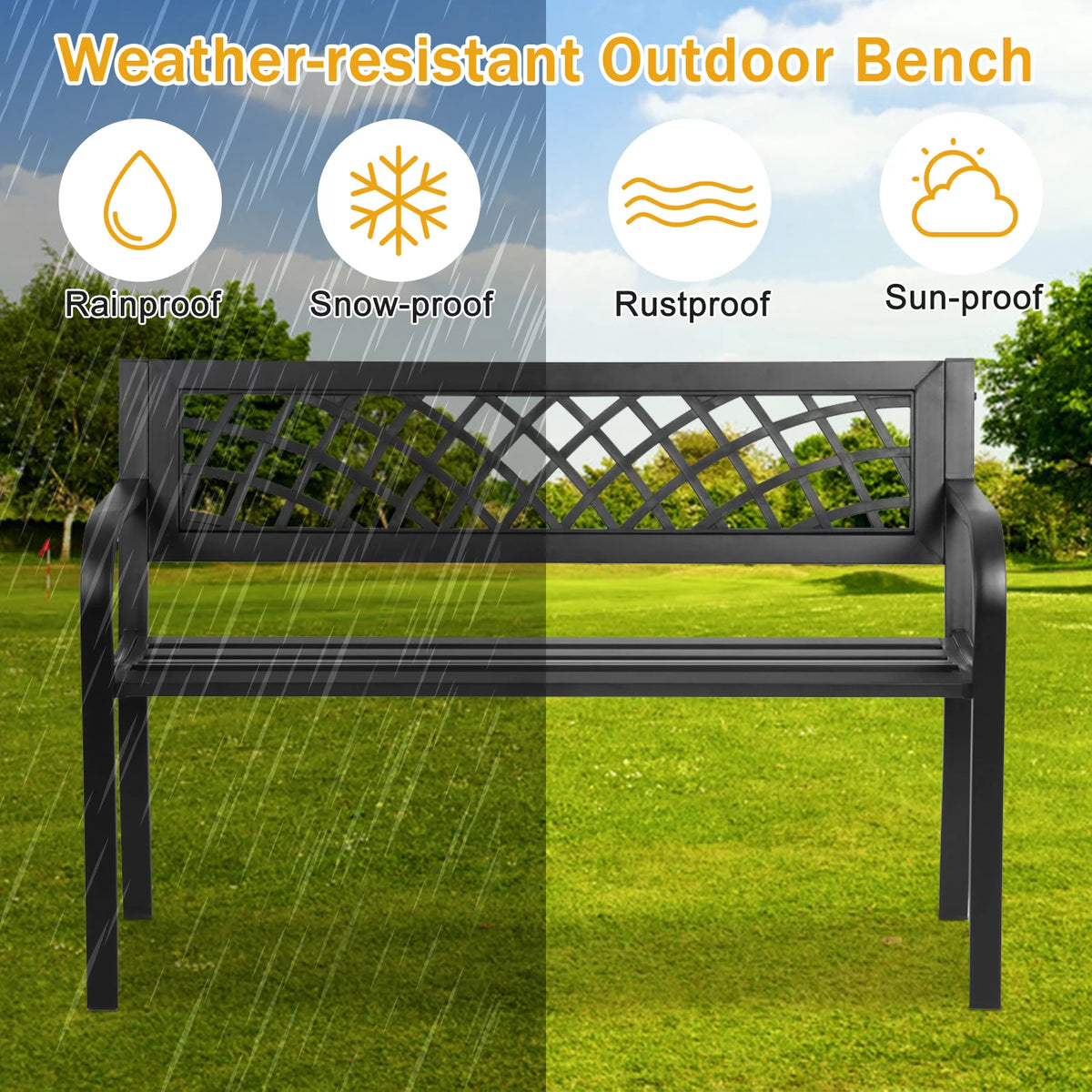 Weatherproof Heavy-Duty Metal Bench with Armrests & Backrest 400lbs Weight Capacity Black C338