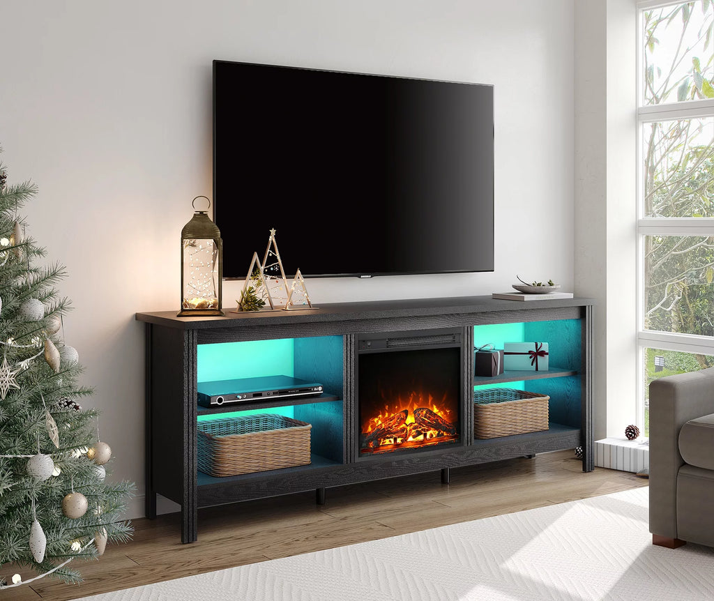 Black Wood Fireplace TV Stand with LED Lights A32218